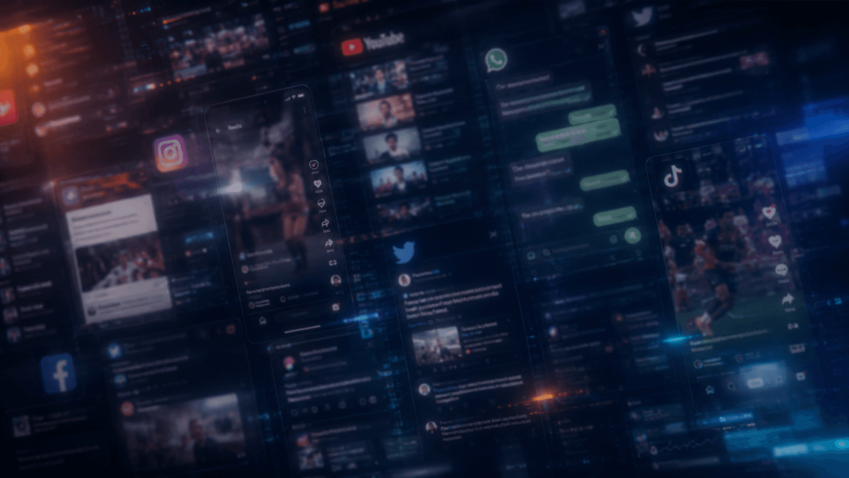 Blurred social, chat, browser, and video screens.